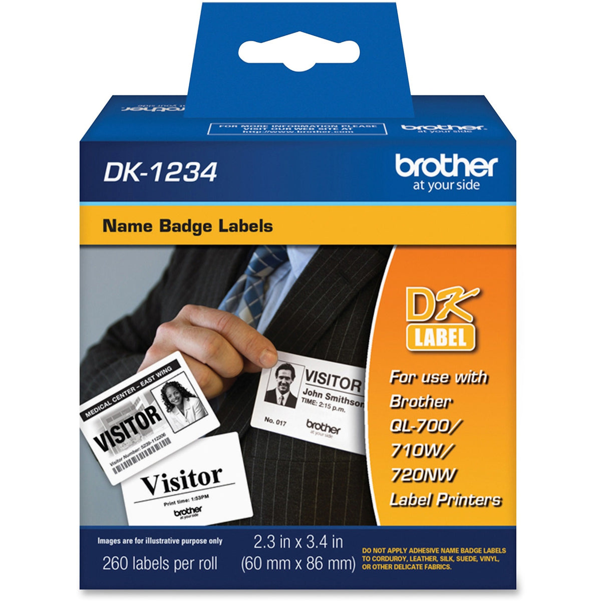 Brother Adhesive Name Badge Labels - 2 23/64" Width x 3 25/64" Length - Rectangle - Direct Thermal - White - Paper - 260 / Roll