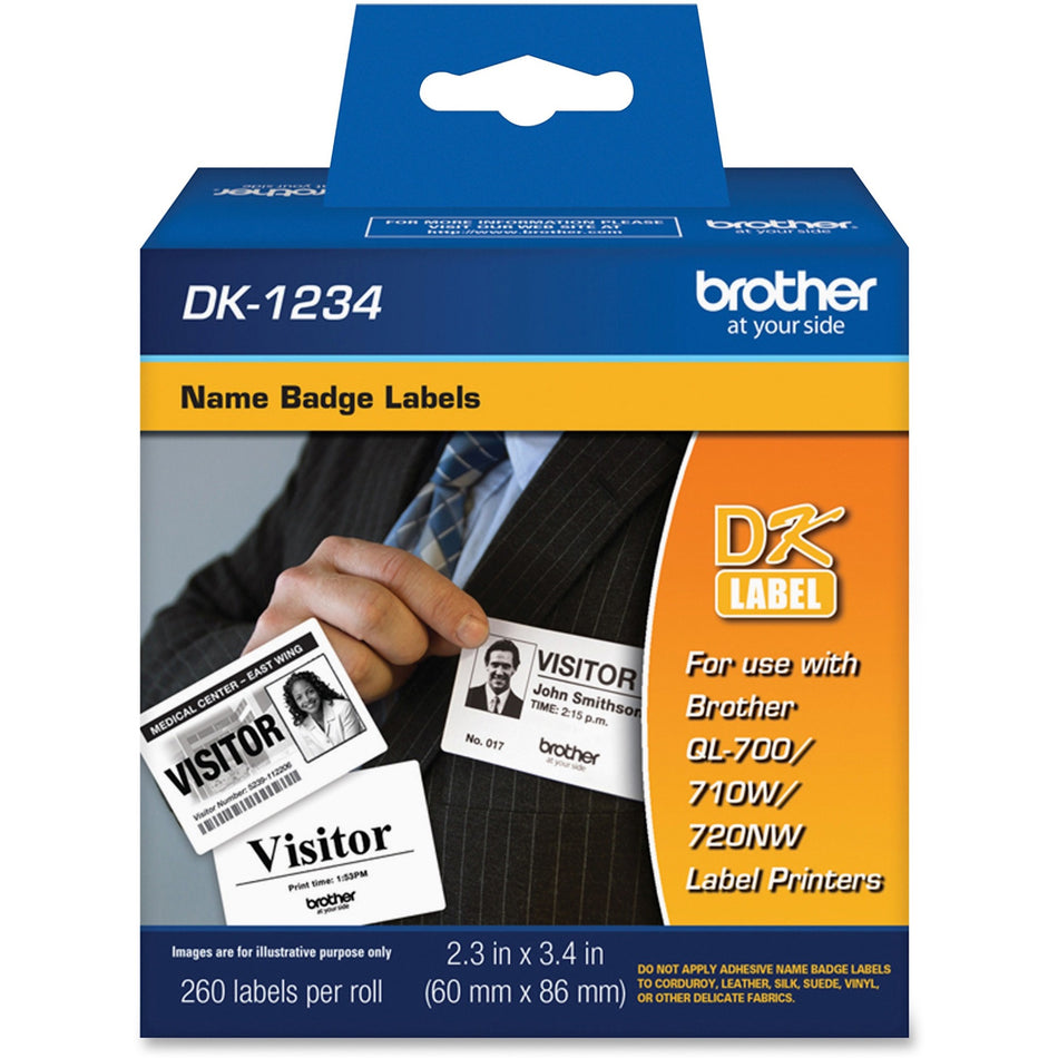 Brother Adhesive Name Badge Labels - 2 23/64" Width x 3 25/64" Length - Rectangle - Direct Thermal - White - Paper - 260 / Roll