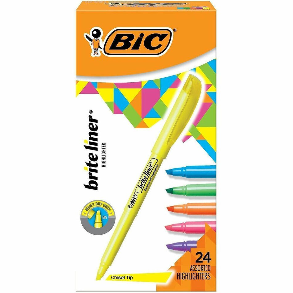 BIC Brite Liner Highlighter, Assorted - Chisel Marker Point - Fluorescent Assorted Ink - 24 / Set