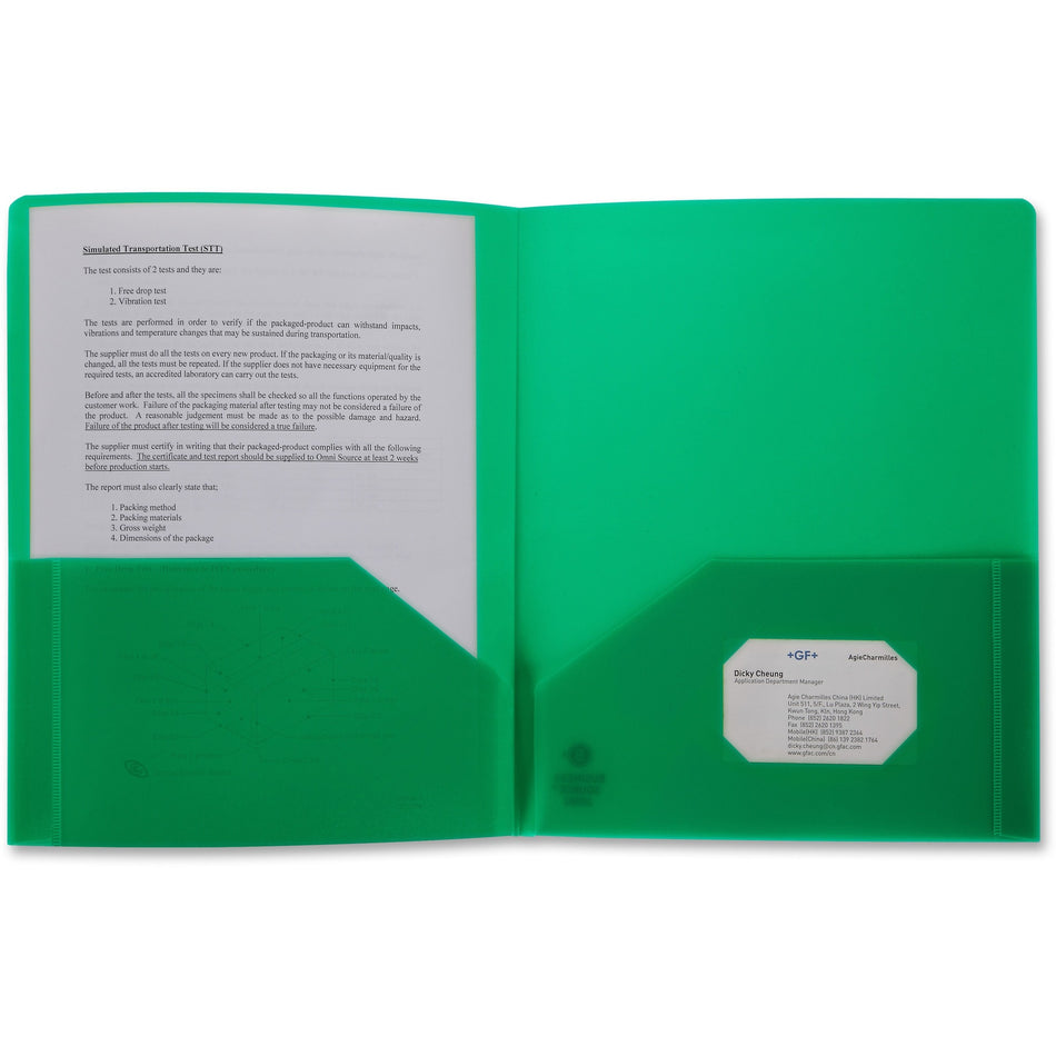 Business Source Letter Portfolio - 8 1/2" x 11" - 30 Sheets Capacity - 2 Pocket(s) - Green - 1 Each