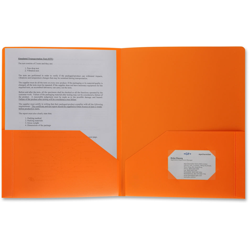Business Source Letter Portfolio - 8 1/2" x 11" - 30 Sheets Capacity - 2 Pocket(s) - Orange - Durable, Spill Resistant, Wear Resistant, Card Holder - 1 Each