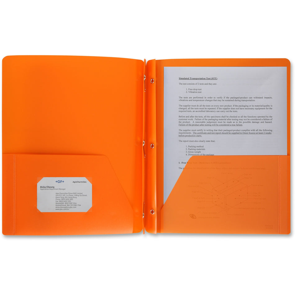 Business Source Letter Portfolio - 8 1/2" x 11" - 50 Sheets Capacity - 3 x Prong Fastener(s) - 2 Pocket(s) - Orange - Durable, Spill Resistant, Wear Resistant, Card Holder - 1 Each
