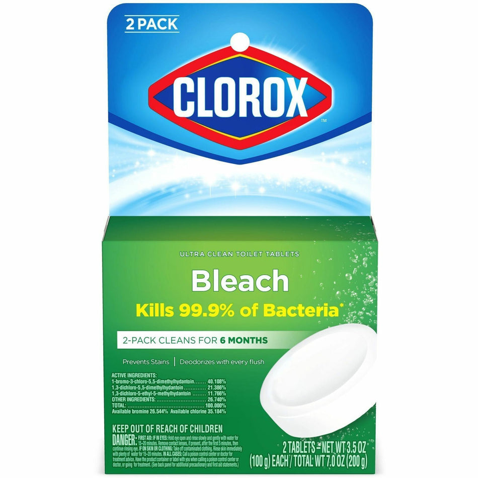 Clorox Ultra Clean Toilet Tablets Bleach - For Toilet Bowl - 3.50 oz (0.22 lb) - Recommended For: Germs Remover, Hard Water Remover, Mineral Deposit Remover, Limescale Remover - Deodorize - White - 2/Pack - 1 Each