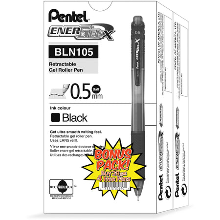 EnerGel EnerGel-X Retractable Gel Pens - 0.5 mm Fine Needle Pen Point - Refillable - Retractable - Black Ink - Gel-based - Black Barrel - 24 / Pack