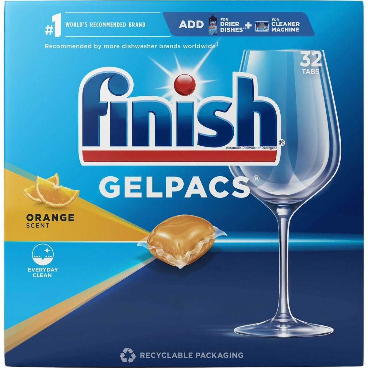 Finish Dishwasher Gel Packs - For Dish, Glass - 1.30 oz (0.08 lb) - Orange Scent - Recommended For: Food Remover, Residue Remover, Stain Remover, Baked-on Food Remover - Pre-moistened - Orange - 32 / Box