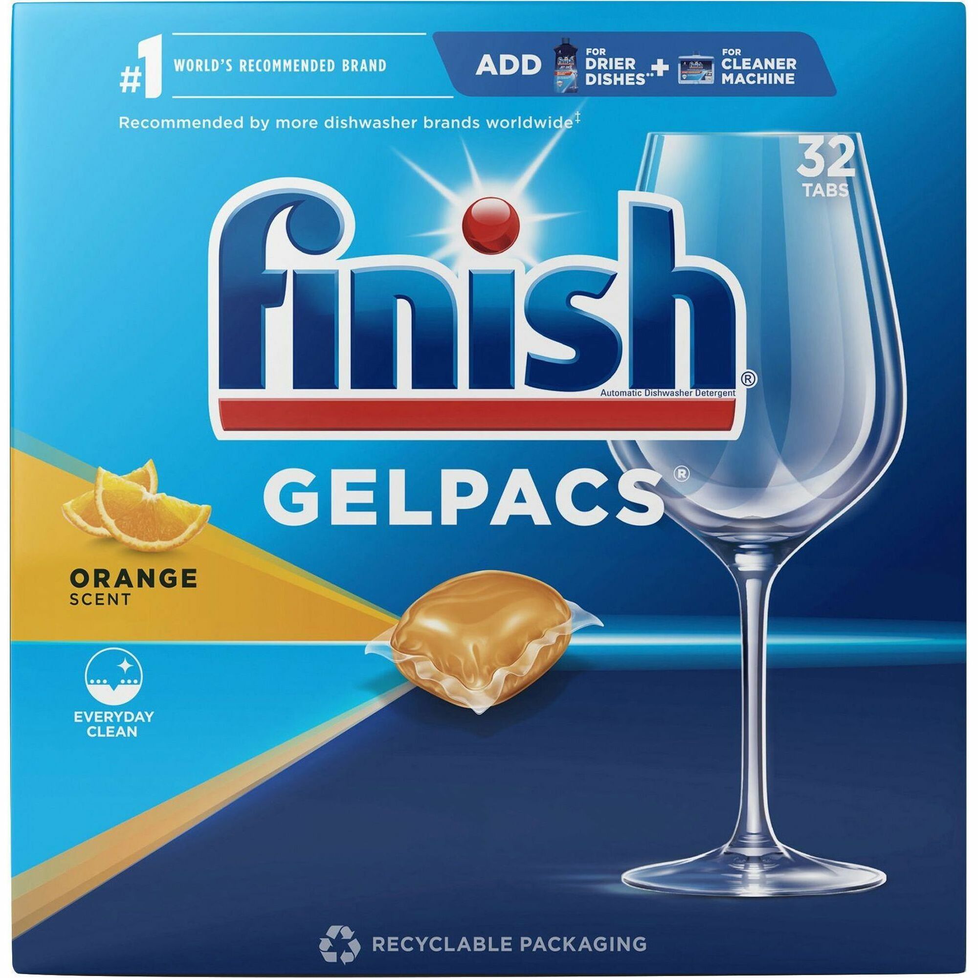 Finish Dishwasher Gel Packs - For Dish, Glass - 1.30 oz (0.08 lb) - Orange Scent - Recommended For: Food Remover, Residue Remover, Stain Remover, Baked-on Food Remover - Pre-moistened - Orange - 32 / Box