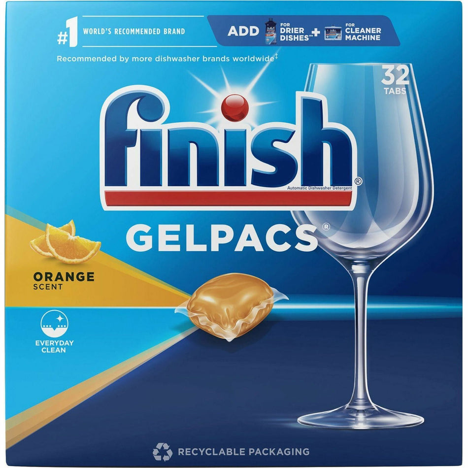 Finish Dishwasher Gel Packs - For Dish, Glass - 1.30 oz (0.08 lb) - Orange Scent - Recommended For: Food Remover, Residue Remover, Stain Remover, Baked-on Food Remover - Pre-moistened - Orange - 32 / Box