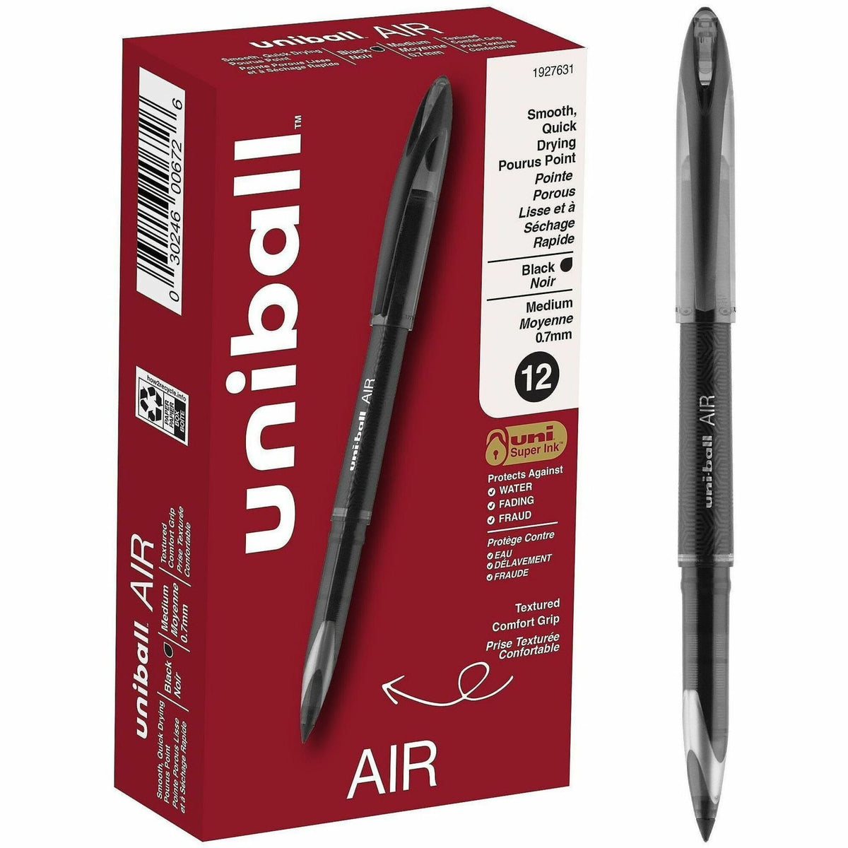 uniball&#8482; Air Porous Point Pen - 0.7 mm Medium Conical Pen Point - Black Ink - Black Barrel - 1 Dozen