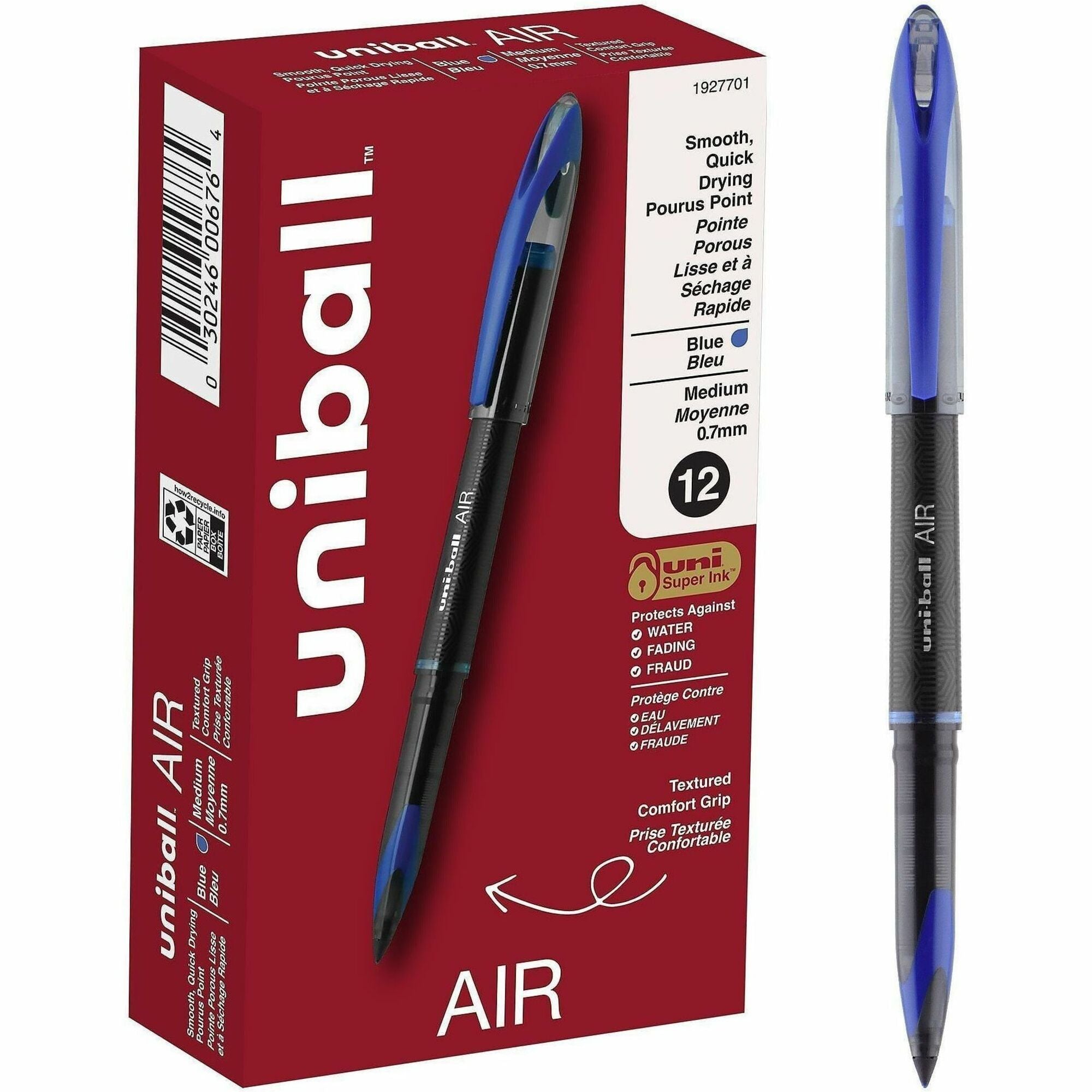 uniball&#8482; Air Porous Point Pen - 0.7 mm Medium Conical Pen Point - Blue Ink - Hybrid - Black Barrel - 1 Dozen