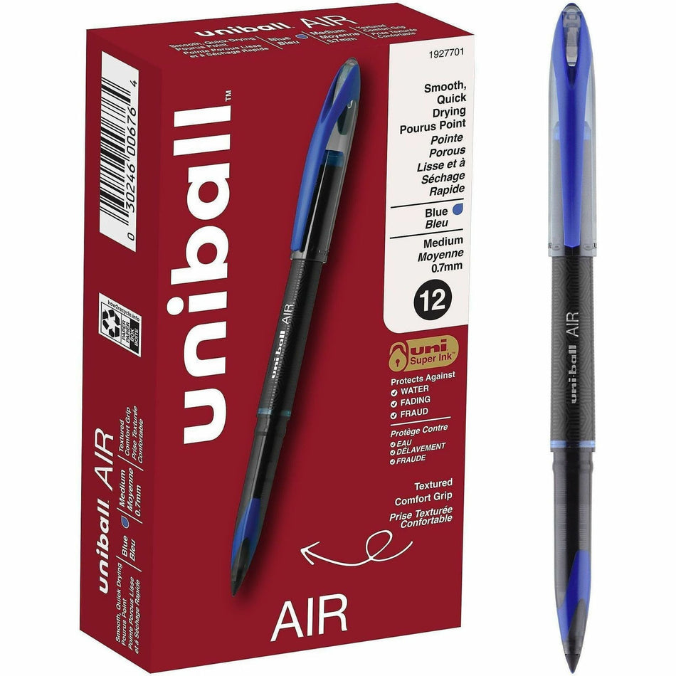 uniball&#8482; Air Porous Point Pen - 0.7 mm Medium Conical Pen Point - Blue Ink - Hybrid - Black Barrel - 1 Dozen