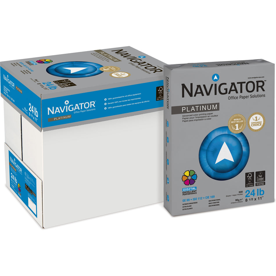 Navigator Platinum Superior Productivity Multipurpose Paper - Silky Touch - Bright White - 99 Brightness - 96% Opacity - Letter - 8 1/2" x 11" - 24 lb Basis Weight - Extra Smooth - Jam-free - Bright White - 500 Sheets per Ream - 10 / Carton