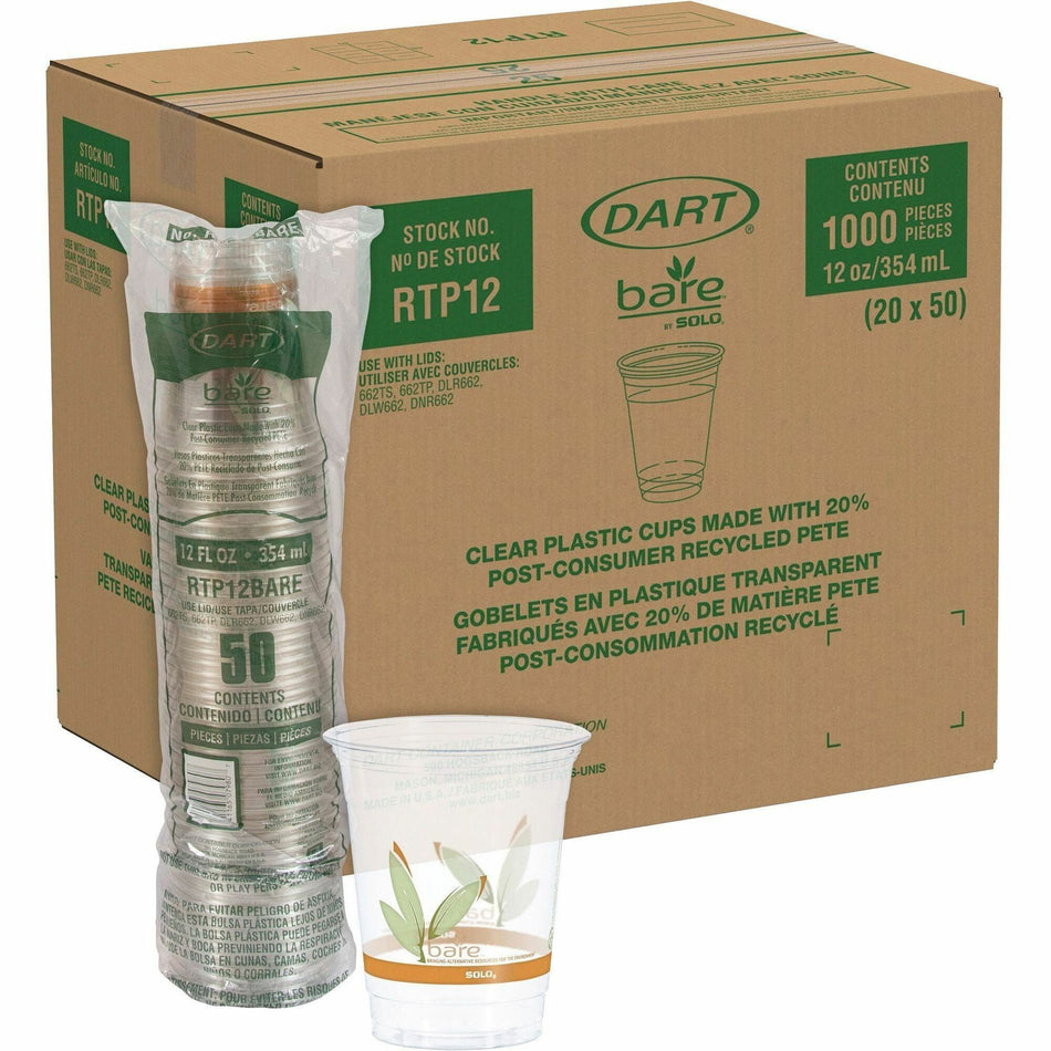 Solo Bare Eco-Forward 12 oz Cold Cups - 12 fl oz - Clear - Polyethylene Terephthalate (PET) - Beverage, Cold Drink, Smoothie, Coffee - Recycled - 50/Bag - 20 / Carton
