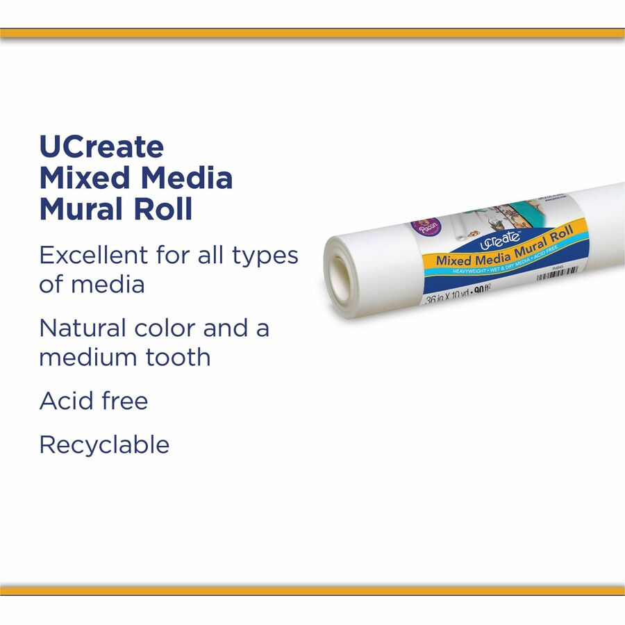 UCreate Mixed Media Paper Roll - Art Project, Drawing, Banner, Mural - 1" Height x 36" Width x 30 ft Length - White - 1 Roll