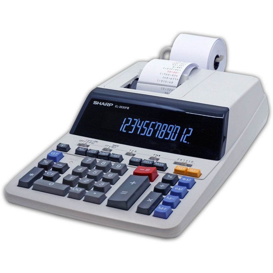 Sharp Calculators EL-2630PIII 12-Digit Commercial Printing Calculator - Independent Memory, Sign Change, Backspace Key, Double Zero, Fixed Decimal - AC Supply Powered - 3.1" Height x 9" Width x 13.2" Depth - Off White - 1 Each