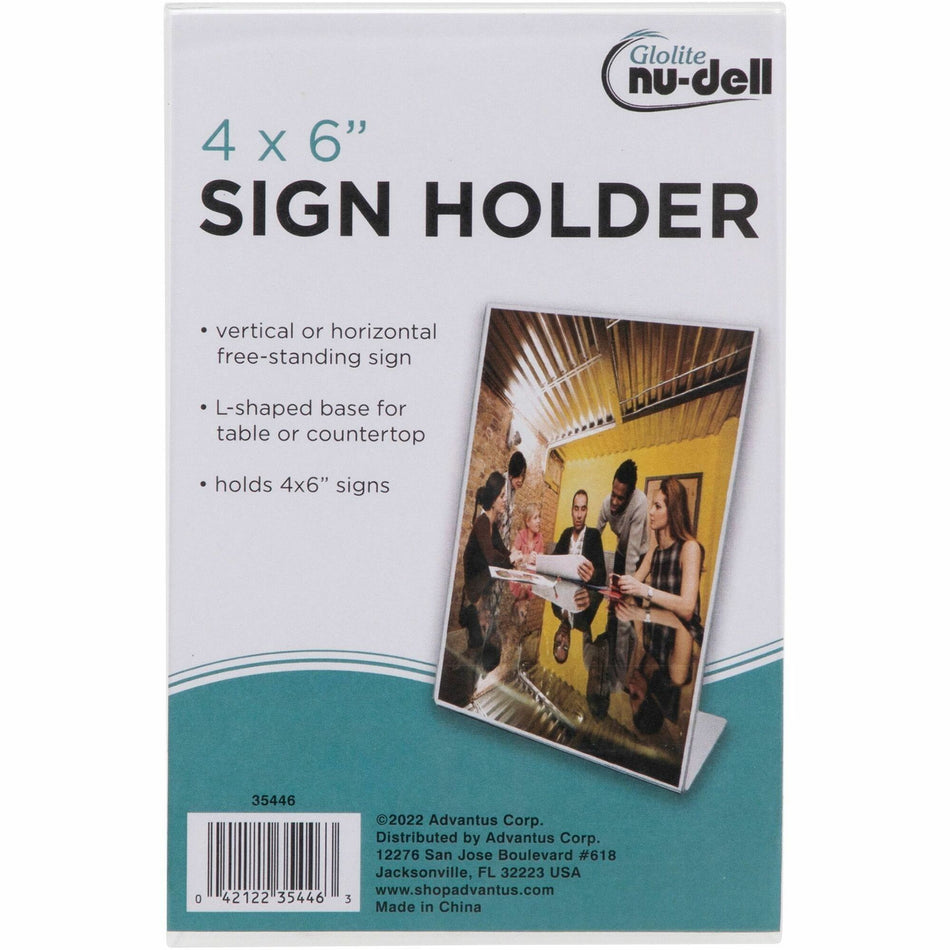 Golite nu-dell Freestanding Sign Holder - 4" Width x 6" Height - Rectangular Shape - Award, Certificate, Photo - Plastic - Clear - 1 Each