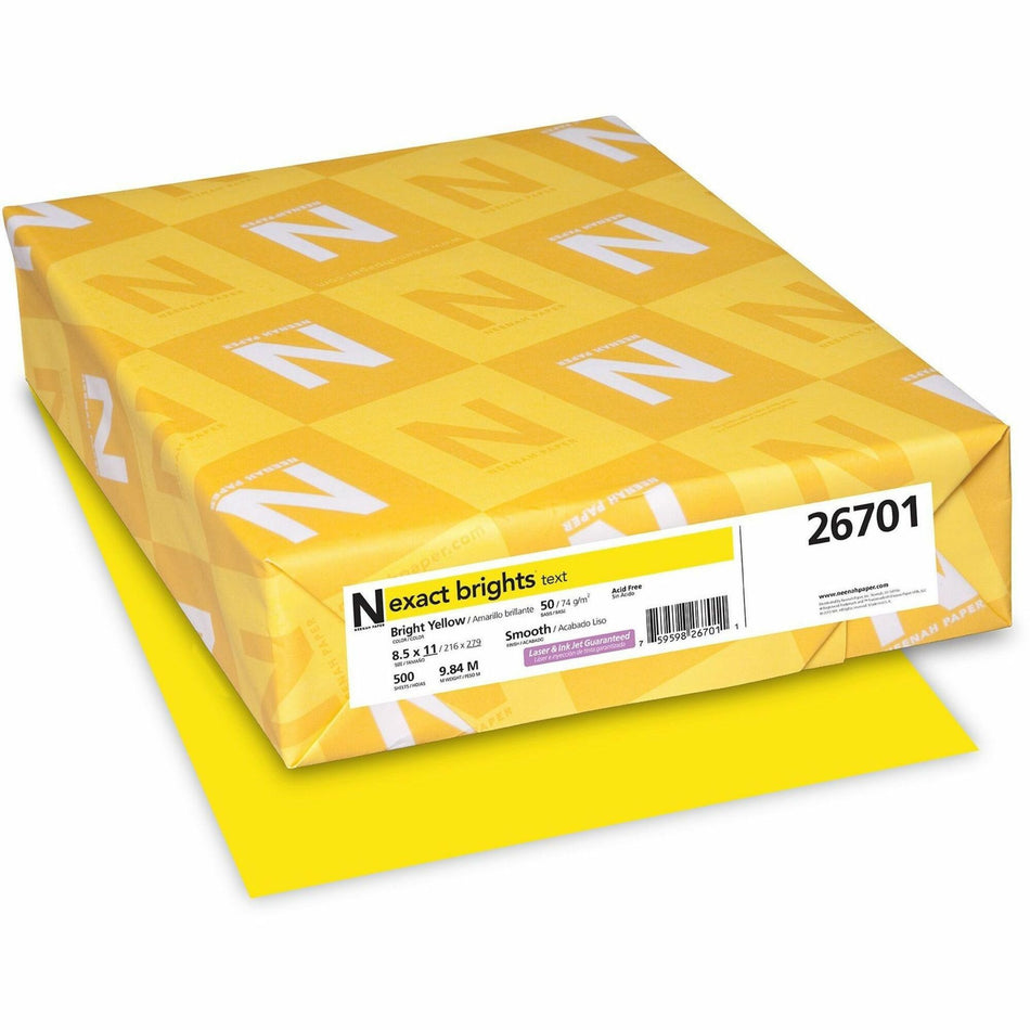 Exact Brights®  Smooth Colored Paper - Yellow - Letter - 8 1/2" x 11" - 50 lb Basis Weight - Smooth - Printable, Lignin-free, Acid-free - Bright Yellow - 500 / Pack