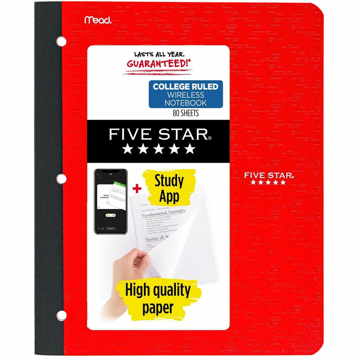 Five Star 11" 1-subject Wireless Notebook - 80 Sheets - Sewn - College Ruled Front Ruling - 3 Hole(s) - 9 1/8" x 11" Sheet Size - Black Plastic Cover - Pocket, Perforated, Bleed Resistant, Easy Tear, Durable Cover - 1 Each