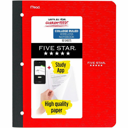 Five Star 11" 1-subject Wireless Notebook - 80 Sheets - Sewn - College Ruled Front Ruling - 3 Hole(s) - 9 1/8" x 11" Sheet Size - Black Plastic Cover - Pocket, Perforated, Bleed Resistant, Easy Tear, Durable Cover - 1 Each