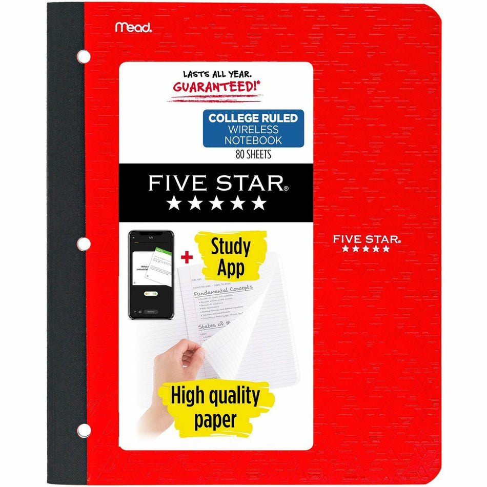 Five Star 11" 1-subject Wireless Notebook - 80 Sheets - Sewn - College Ruled Front Ruling - 3 Hole(s) - 9 1/8" x 11" Sheet Size - Black Plastic Cover - Pocket, Perforated, Bleed Resistant, Easy Tear, Durable Cover - 1 Each
