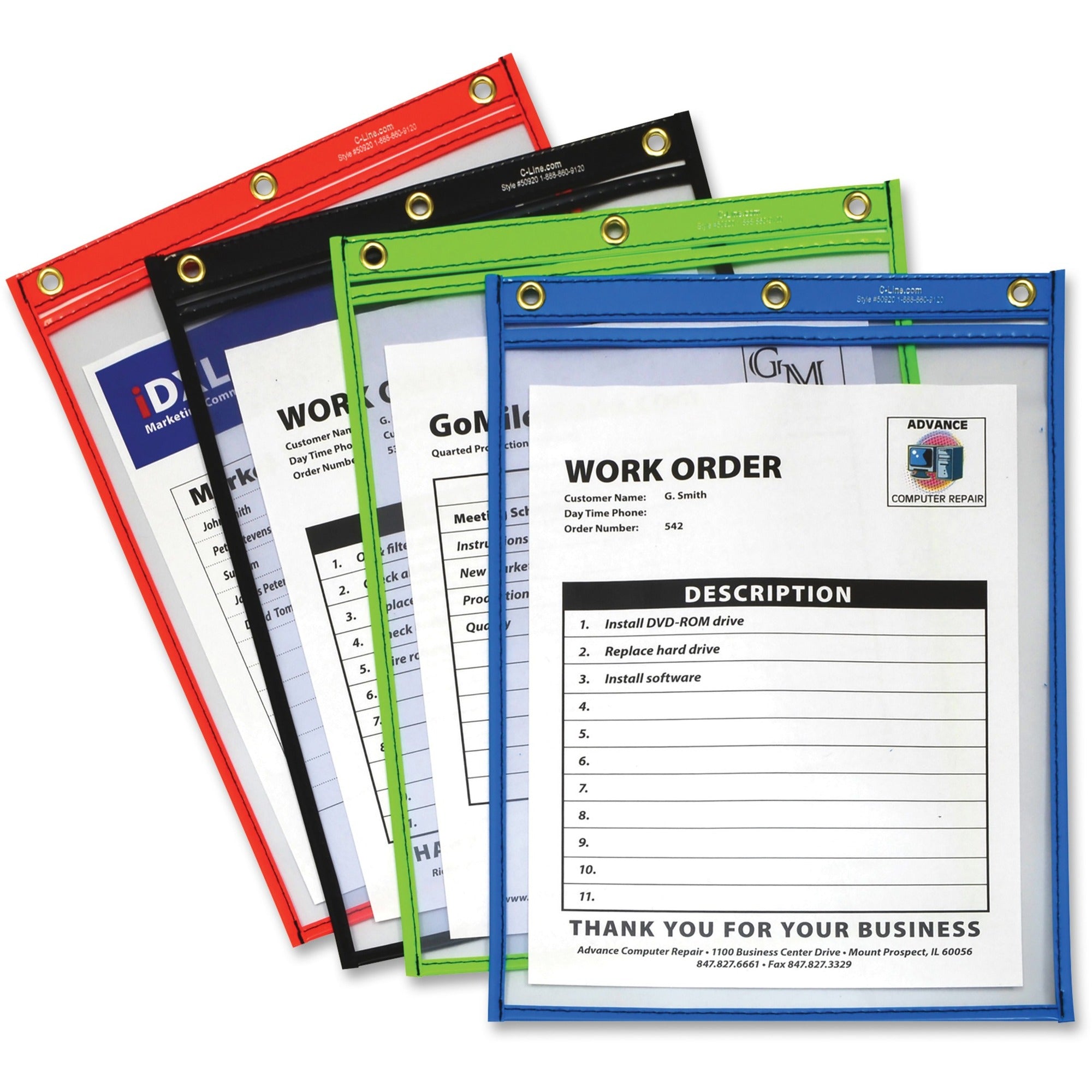 C-Line Heavy-Duty Super Heavyweight Plus Stitched Shop Ticket Holder - 9" x 12" - Vinyl - Assorted - Heavyweight - 20 / Box