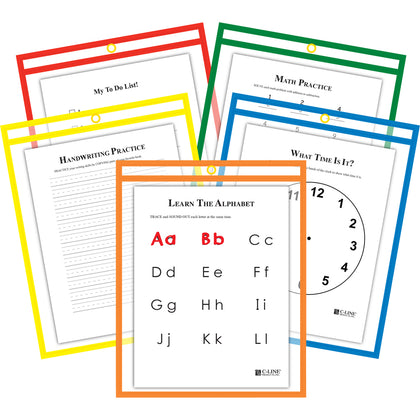 C-Line Reusable Dry Erase Pockets: Assorted Primary Colors 9’’ x 12’’ 25/Box - Learning Boards & Supplies