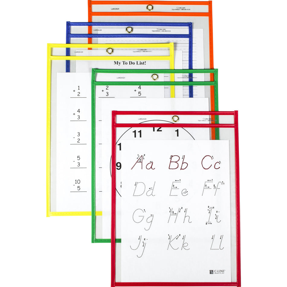 C-Line Reusable Dry Erase Pockets- Assorted Primary Colors - 9" x 12" - Red, Orange, Yellow, Green, Blue Frame - Rectangle - Reusable, Heavyweight, Easy to Clean, Eyelet - 25 / Box