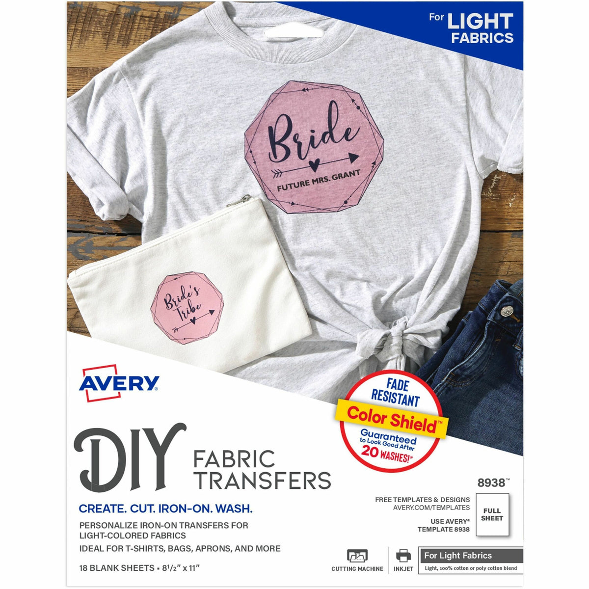 Avery®  Heat Transfers for Light Fabric, 8.5" x 11" , 18 Sheets (8938) - Letter - 8 1/2" x 11" - Matte - Fade Resistant, Long Lasting, Crack Resistant, Stretchable, Washable - White - 18 Sheets - 18 / Pack
