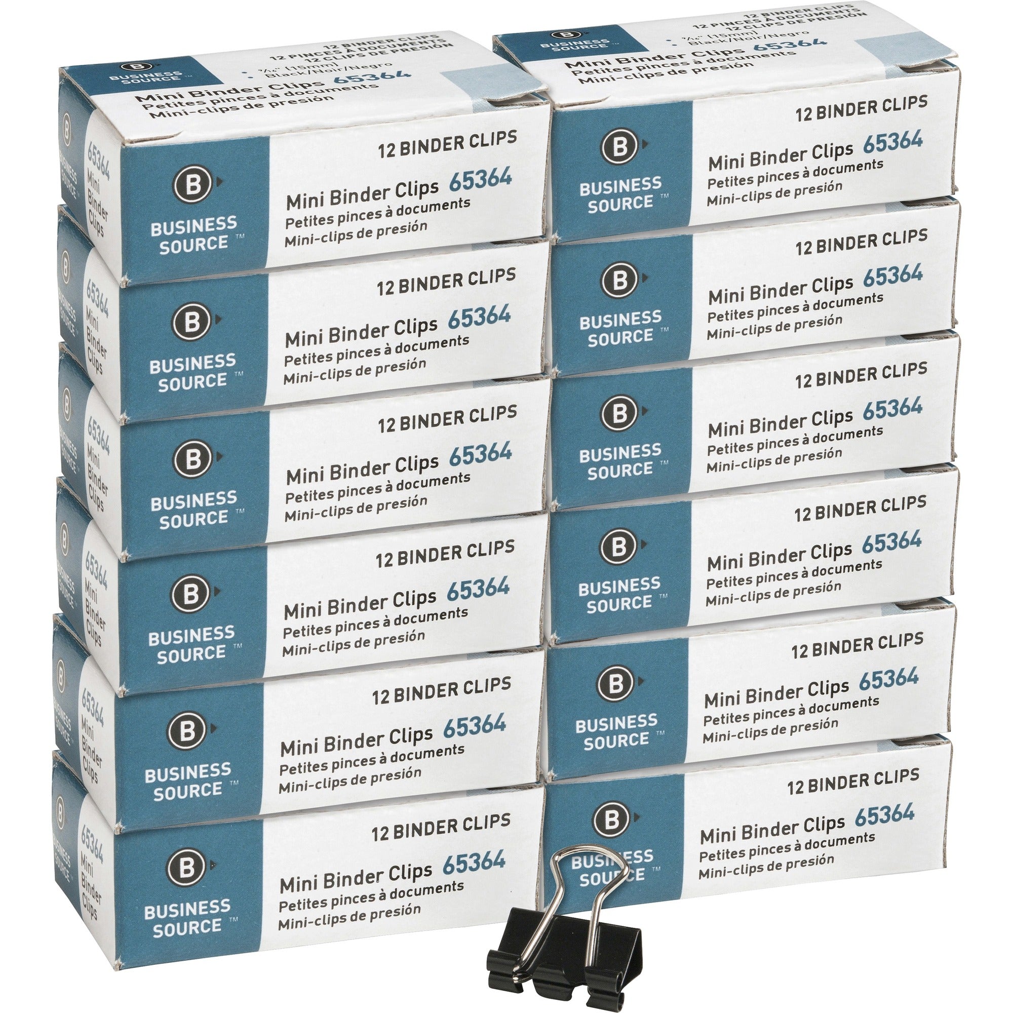 Business Source Fold-back Binder Clips - Mini - 0.6" Width - 0.25" Size Capacity - for Paper - Black - Tempered Steel - 1 Dozen/Pack - 12 / Box