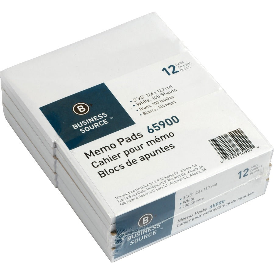Business Source Plain Memo Pads - 100 Sheets - Plain - Glued - Unruled Front Ruling - 15 lb Basis Weight - 3" x 5" Sheet Size - White Paper - Chipboard Backing - 1 Dozen/Pack - 36 / Carton