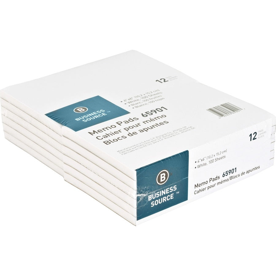 Business Source Plain Memo Pads - 100 Sheets - Plain - Glued - Unruled Front Ruling - 15 lb Basis Weight - 4" x 6" Sheet Size - White Paper - Chipboard Backing - 1 Dozen/Pack - 12 / Carton