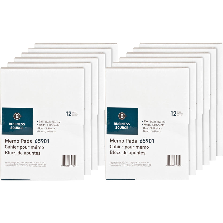 Business Source Plain Memo Pads - 100 Sheets - Plain - Glued - Unruled Front Ruling - 15 lb Basis Weight - 4" x 6" Sheet Size - White Paper - Chipboard Backing - 1 Dozen/Pack - 12 / Carton