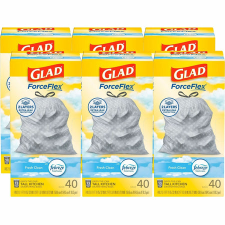 Glad ForceFlex Tall Kitchen Trash Bags - Fresh Clean with Febreze - 13 gal - 40/Box - & Liners