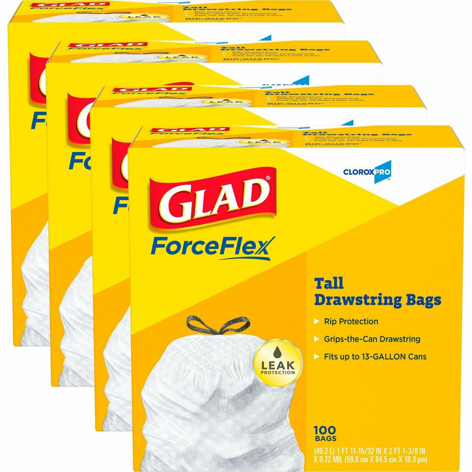 Glad ForceFlex Tall Kitchen Drawstring Trash Bags - 13 gal Capacity - 27" Length x 24" Width - Drawstring Closure - White - Plastic - Kitchen, Office, Day Care, Restaurant, School - 100/Box - 4 / Carton