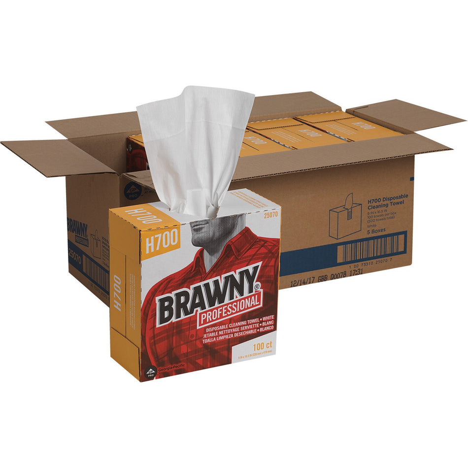Brawny® Professional H700 Disposable Cleaning Towels - 9.10" Width x 16.50" Length - White - Pulp Fiber - 100/Box - 5 / Carton