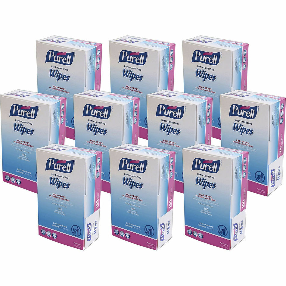 PURELL® On-the-go Sanitizing Hand Wipes - 5" Width x 7" Length - Clear - 100/Box - 10 / Carton