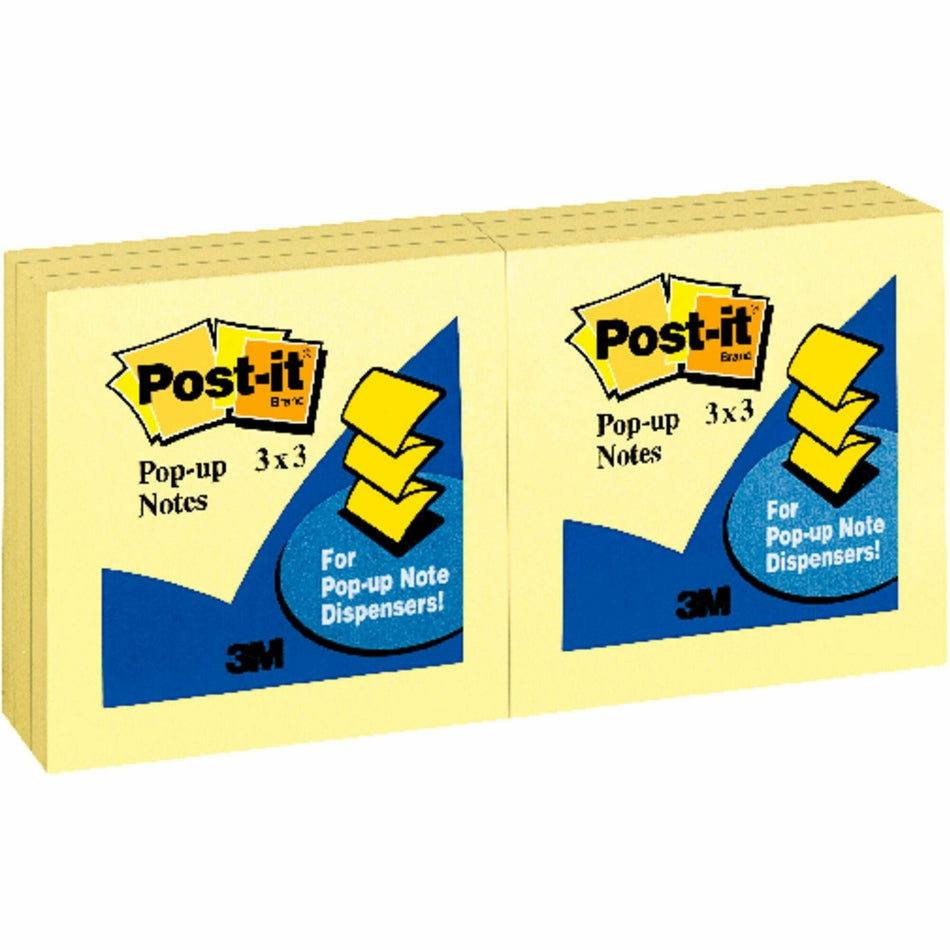 Post-it® Pop-up Notes - 3" Flag/Note Width x 3" Flag/Note Length - Square - 100 Sheets per Pad - Unruled - Canary Yellow - Paper - Self-adhesive, Repositionable - 12 / Pack