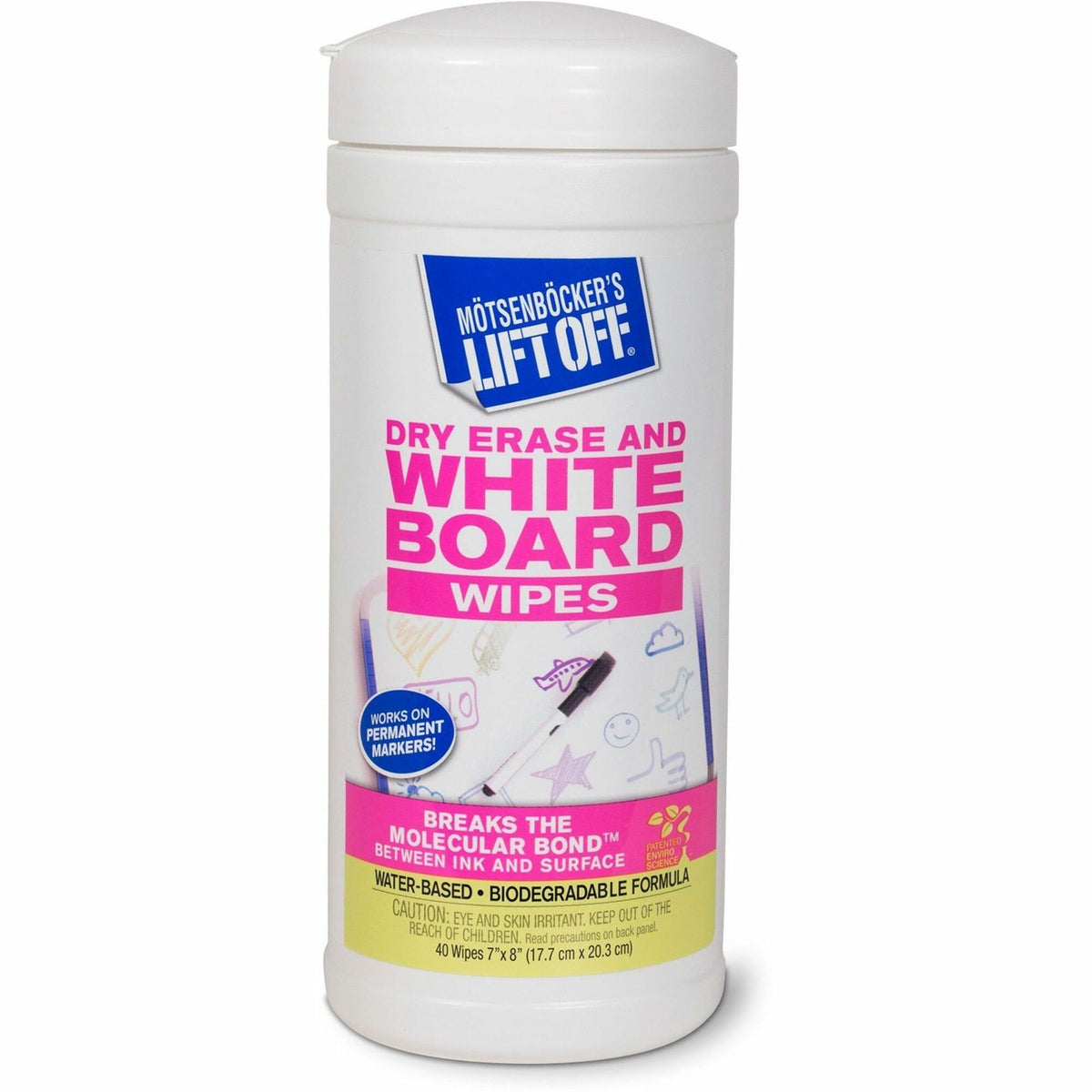 MÔøΩtsenbÔøΩcker's Lift Off Dry-Erase Board Wipes - 7" Width x 12" Length - Used as Mark Remover, Shadow Remover, Ink Remover - Water Based - Plastic - 40/Tub - 1 Each