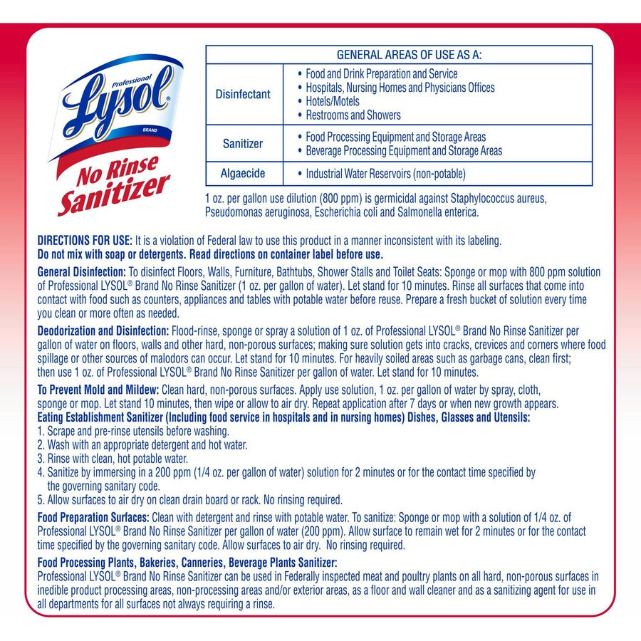 Professional Lysol No Rinse Sanitizer: Concentrated Disinfectant - 128 fl oz - Bacteria Fungi Virus Remover