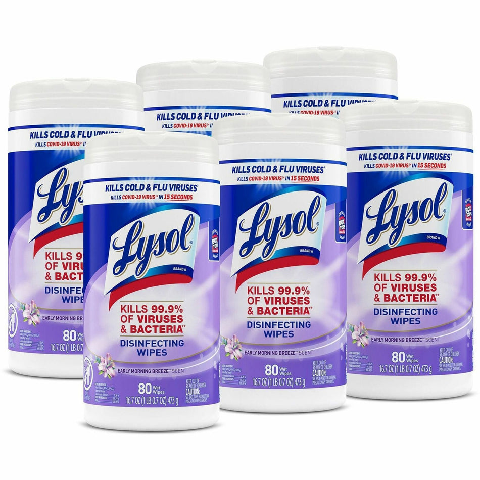 Lysol Early Morning Breeze Disinfecting Wipes - For Multipurpose, Multi Surface - Early Morning Breeze Scent - Recommended For: Virus Remover, Bacteria Remover - Disinfectant, Pre-moistened, Anti-bacterial - White - 80/Tub - 6 / Carton