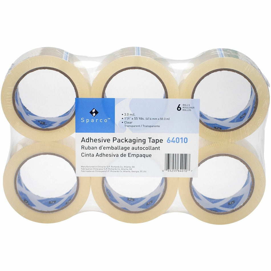 Sparco Premium Heavy-duty Packaging Tape Roll - 55 yd Length x 1.88" Width x 3 mil Thickness - 3" Core - Clear - Acrylic Backing - Tear Resistant, Split Resistant, Breakage Resistance - 6/Pack - 6 / Carton