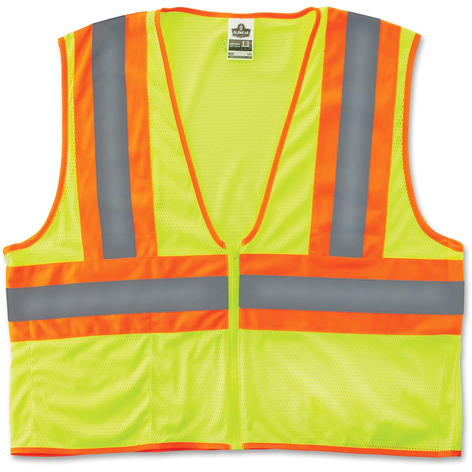 Ergodyne Class 2 Two-tone Lime Vest - 2-Xtra Large/3-Xtra Large - Lime - Reflective, Machine Washable, Lightweight, Pocket, Zipper Closure - 1 Each