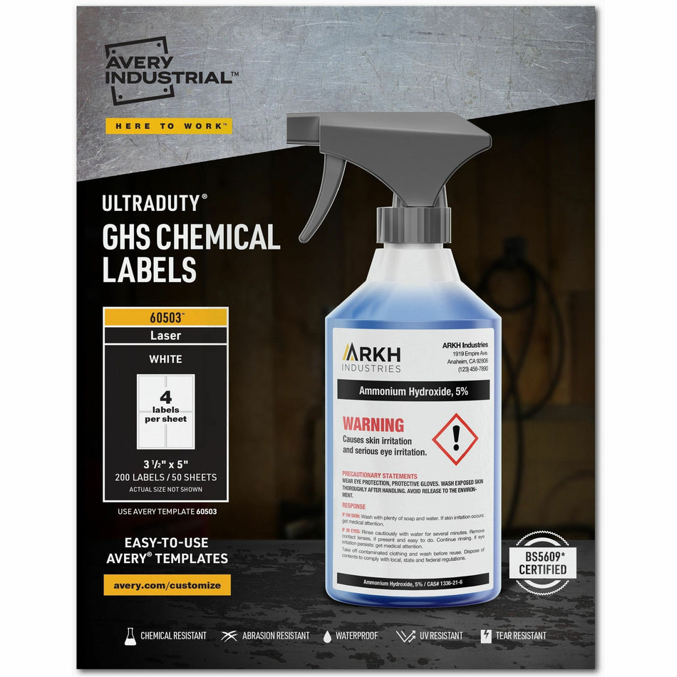 Avery®  UltraDuty™ GHS Chemical Labels 3�" x 5" , for Laser Printers - 3 1/2" Width x 5" Length - Permanent Adhesive - Rectangle - Laser - White - Film - Water Resistant - 4 / Sheet - 50 Total Sheets - 200 / Box