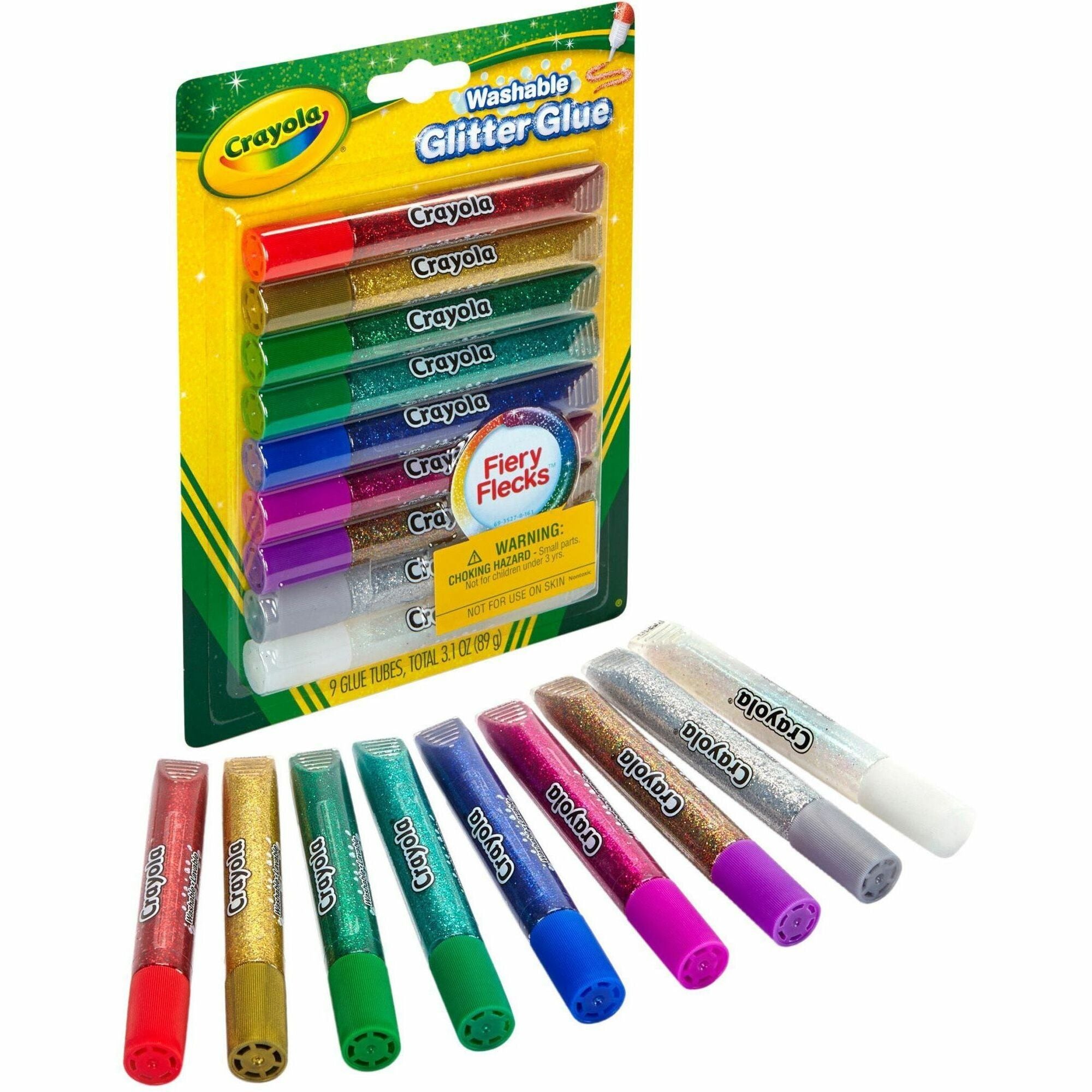 Crayola Washable Glitter Glue - Home Project, ClassRoom Project, Art, Decoration - Recommended For 3 Year - Blue, Green, Jade Green, Natural, Silver, Gold, Multi, Red, Purple - 9 / Pack