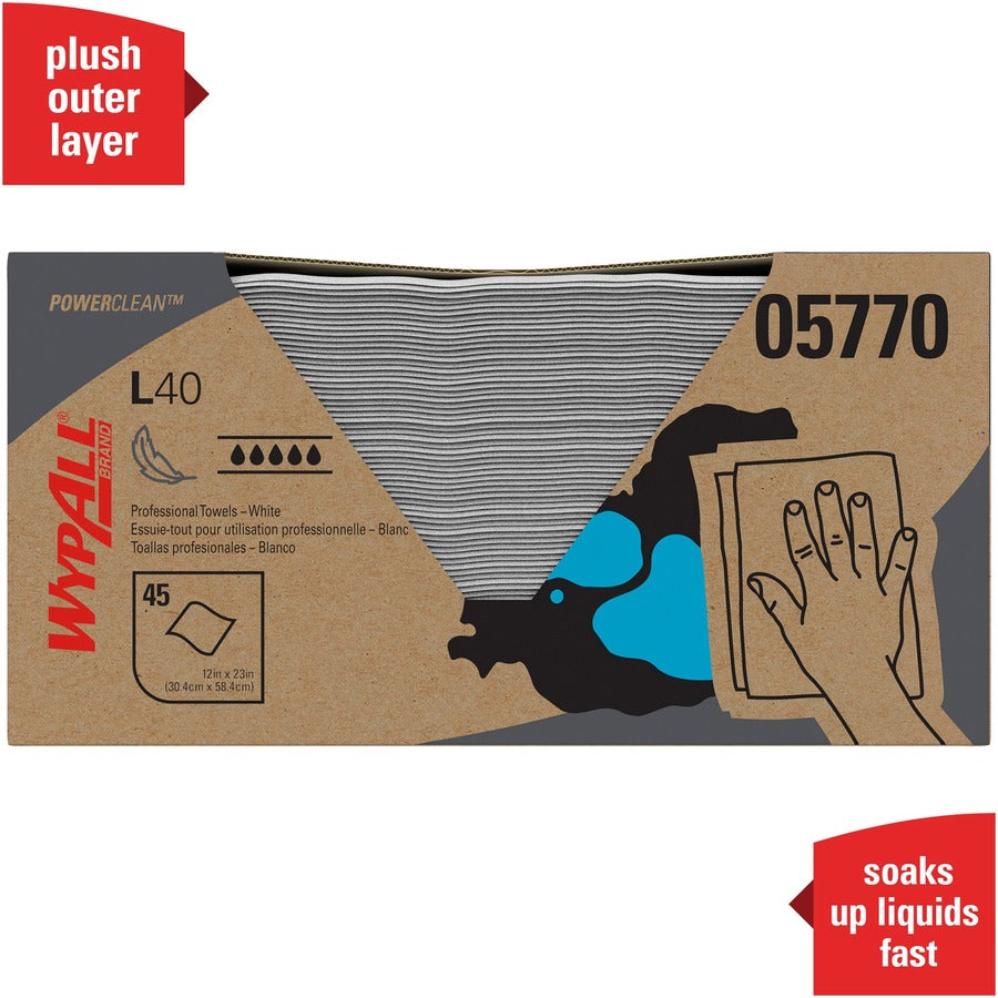 Wypall Power Clean L40 Extra Absorbent Towels - 12" Width x 23" Length - White - 45/Box - 12 / Carton