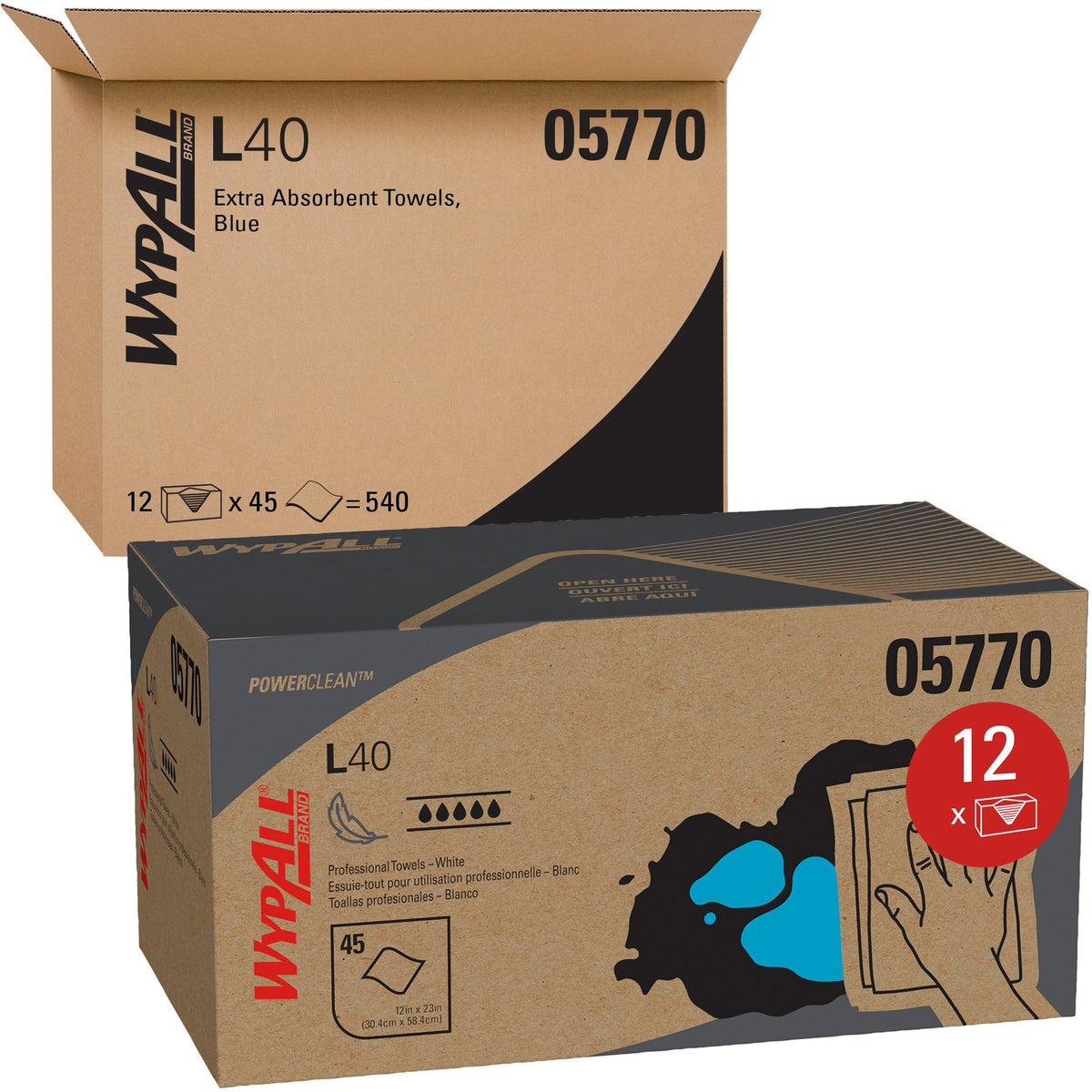 Wypall Power Clean L40 Extra Absorbent Towels - 12" Width x 23" Length - White - 45/Box - 12 / Carton