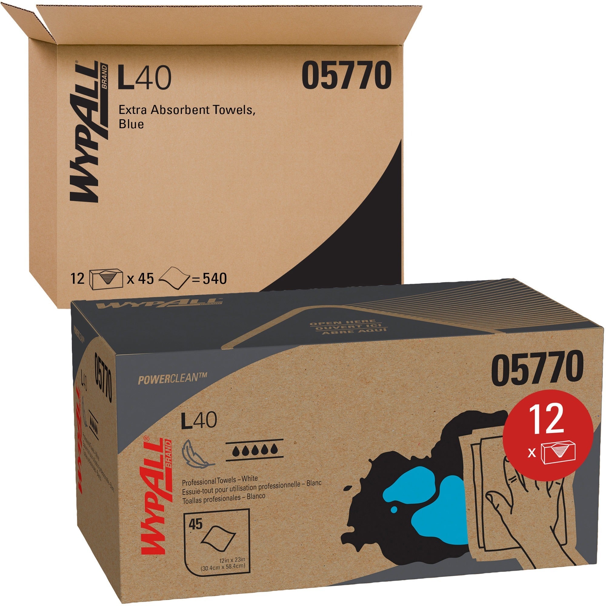 Wypall Power Clean L40 Extra Absorbent Towels - 12" Width x 23" Length - White - 45/Box - 12 / Carton