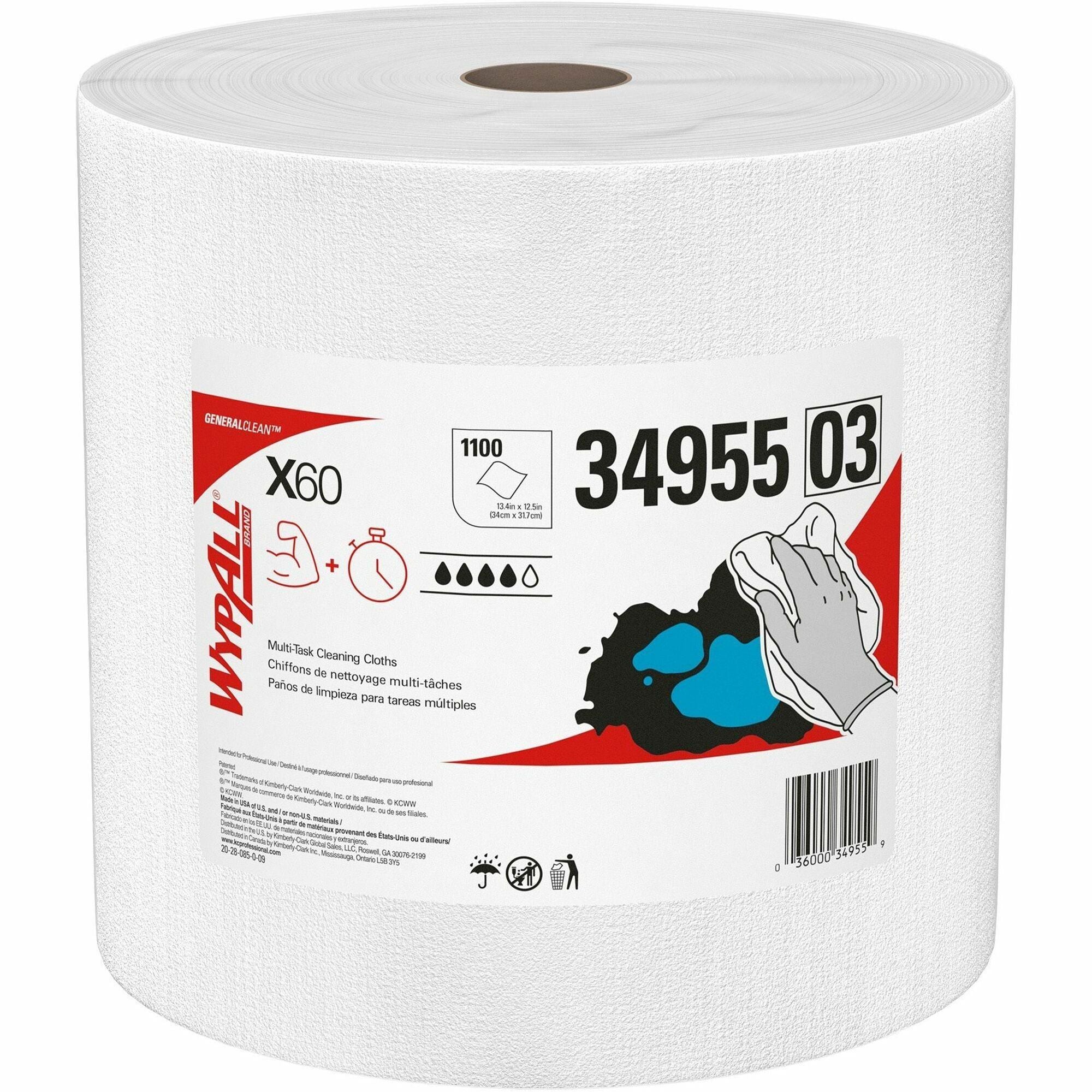 Wypall GeneralClean X60 Multi-Task Cleaning Cloth Jumbo Roll - 12.20" Length x 12.40" Width - Absorbent, Lightweight, Solvent Resistant, Wet Strength, Residue-free - White - 1100 / Roll