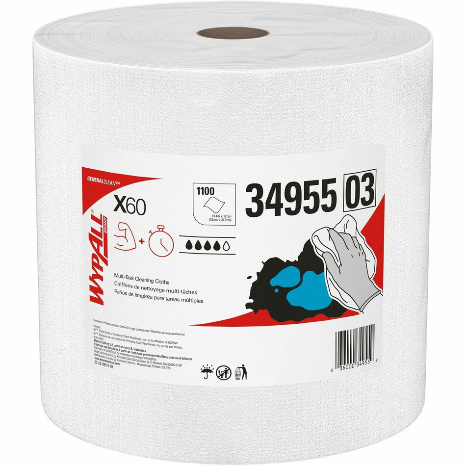 Wypall GeneralClean X60 Multi-Task Cleaning Cloth Jumbo Roll - 12.20" Length x 12.40" Width - Absorbent, Lightweight, Solvent Resistant, Wet Strength, Residue-free - White - 1100 / Roll