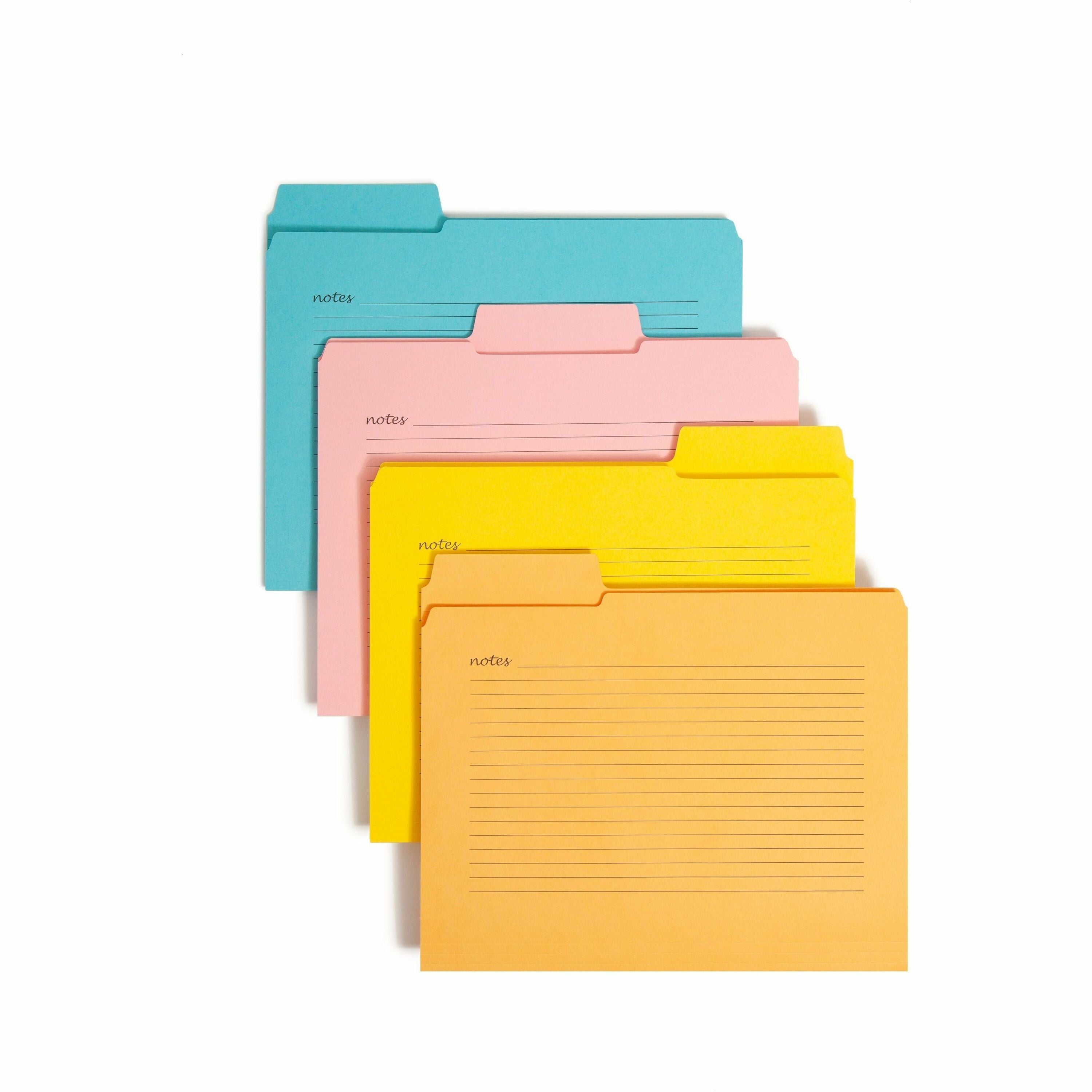 Smead SuperTab 1/3 Tab Cut Letter Recycled Fastener Folder - 8 1/2" x 11" - 1 x 2K Fastener(s) - Top Tab Location - 11 pt. - 2 Plys - Pink, Yellow, Goldenrod, Aqua - Preprinted, Reinforced, Durable, Labeling Area - 10% Recycled - 24 / Pack