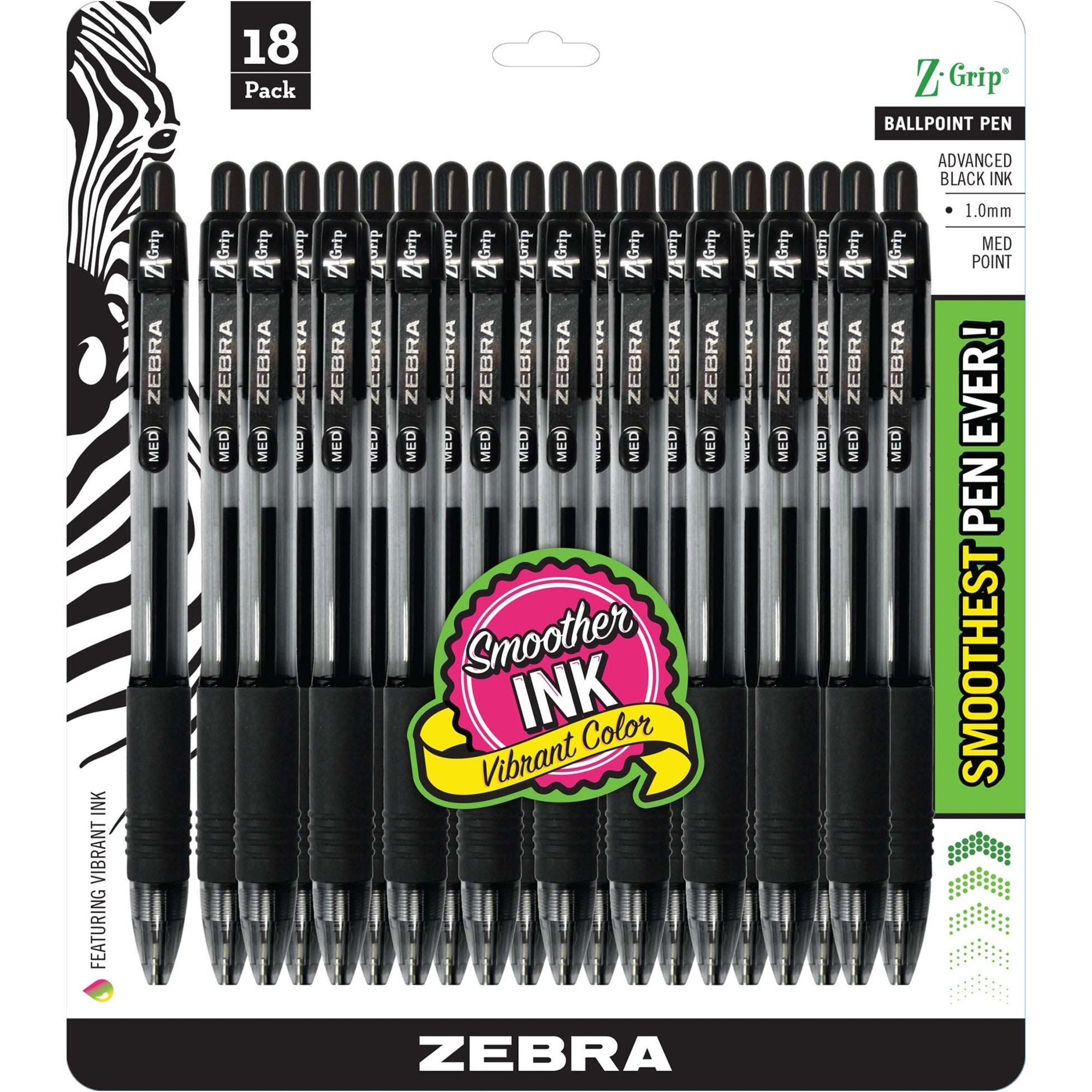 Zebra Z-Grip Retractable Ballpoint Pens - 1 mm Medium Pen Point - Retractable - Black Ink - 18 / Pack